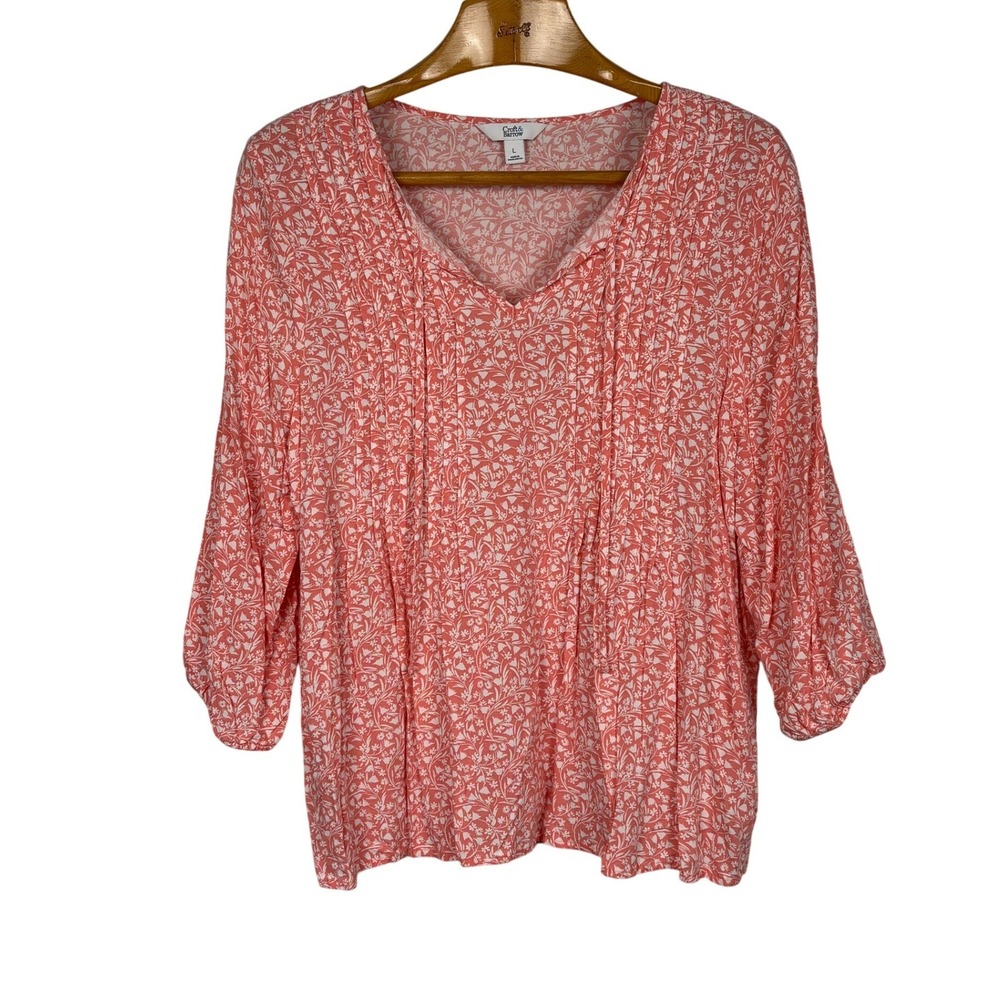 Croft & Barrow Blouse Floral Pintuck Tie Neck Large Coral Pink 3/4 Sleeve Rayon